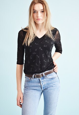 90'S RETRO FLORAL PRINT SHEER MESH KITSCH PARTY TOP