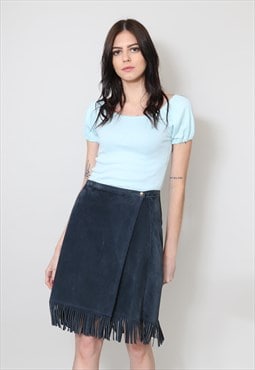 70's Vintage Ladies Skirt Blue Soft Suede Fringed Mini 