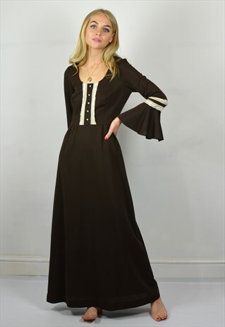 VINTAGE 70S BROWN BOHO MAXI FESTIVAL DRESS