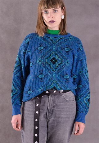 VINTAGE TURQUOISE GRAPHIC PATTERN SWEATER FROM THE 90S