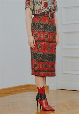 AZTEC SKIRT CHU VINTAGE WRAP GEOMETRIC PATTERN RED BELTED