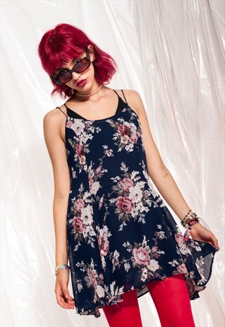 VINTAGE SLIP DRESS 90S CROPPED ROSE FLORAL SHEER GRUNGE MINI