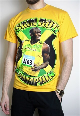 Y2K USAIN BOLT T-SHIRT MENS SMALL YELLOW GILDAN TOP JAMAICA