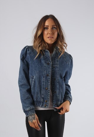 VINTAGE DENIM BOMBER JACKET CHECKED LINED UK 10 (JRBI)