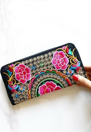 BOHEMIAN PEONY EMBROIDERED WOMEN'S WALLET PURSE CARD HOLDER