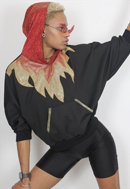 Fire flame black hooded sweater with red glitter hood