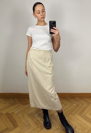 Cream White High Waist Linen and cotton blend Midi Skirt