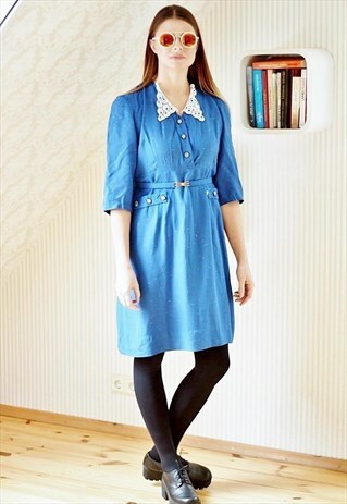 BLUE BELTED CROCHET COLOLAR DRESS