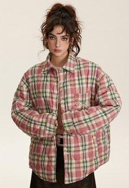 Quilted check bomber plaid jacket retro gingham coat in red