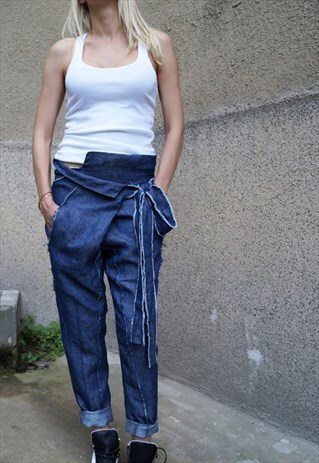 TAPERED PANTS/LINEN/TROUSERS/DENIM BELTED PANTS/F1589
