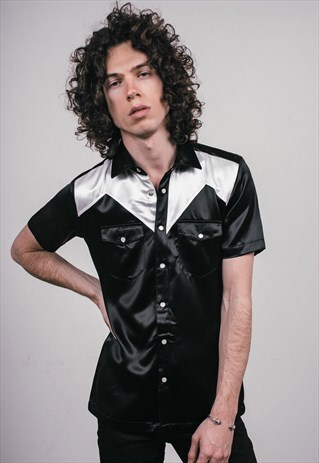 MENS BLACK AND WHITE SATIN WESTERN KANSAS SHIRT