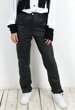 Women's L W 32 L 32 Black Faux Leather Trousers Pants