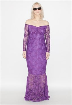 Vintage 90 evening maxi lace dress in purple