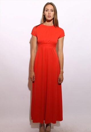VINTAGE 1970'S 70'S CORAL MAXI DRESS DISCO CAP SLEEVE XS-S