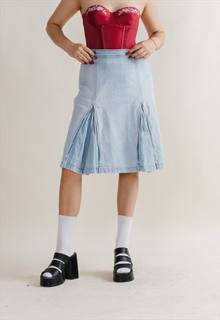 VINTAGE Y2K ONLY MIDI LIGHT BLUE PLEATED DENIM SKIRT M