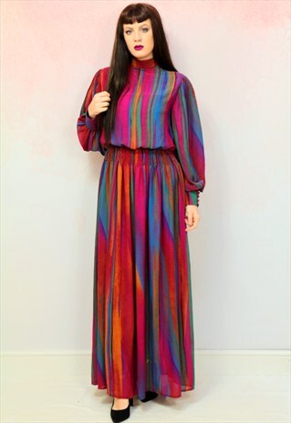 1970S VINTAGE RAINBOW HIGH NECK BOHO MAXI DRESS