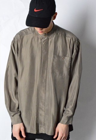 VINTAGE 90S GREY HIDEN BUTTON SILK LONG SLEEVE SHIRT