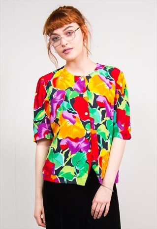 90'S VINTAGE BRIGHT FLORAL PATTERN BLOUSE SHIRT