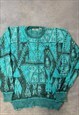 VINTAGE KNITTED JUMPER ABSTRACT PATTERNED GRANDAD SWEATER