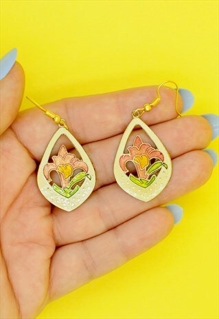 80S FLORAL CLOISONNE EARRINGS, ROMANTIC VINTAGE JEWELLERY