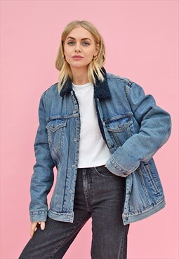 Vintage Premium Levi's Sherpa Jacket in Blue Denim Large