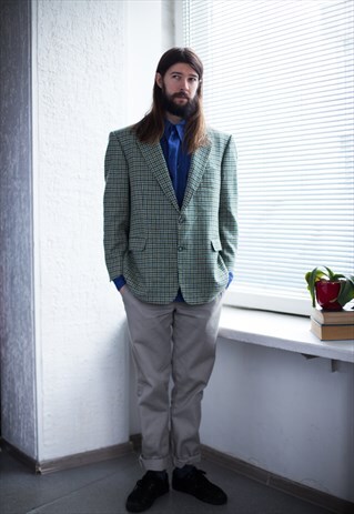 VINTAGE 80'S GREEN CHECKED WOOL BLAZER
