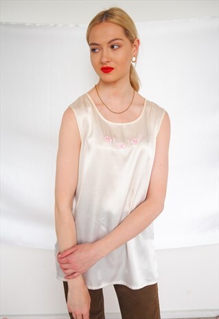 VINTAGE SILKY SLEEVELESS BLOUSE WITH FLORAL EMBROIDERY