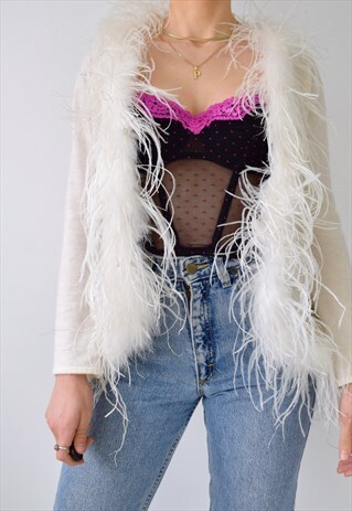 VINTAGE 90S Y2K FEATHER TRIM ANGORA BLEND HOOK EYE CARDIGAN