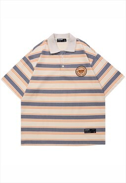 Kalodis vintage striped bear embroidered casual polo shirt
