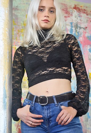 TURTLE NECK CROP TOP IN BLACK LACE