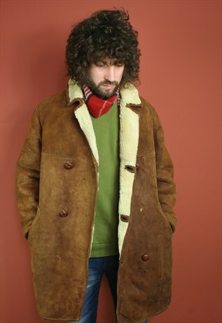 VINTAGE OVERSIZED SUEDE SHEEPSKIN SHERLING LINED WINTER COAT