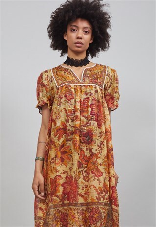 70'S YELLOW AND ORANGE FLORAL INDIAN BOHO DRESS