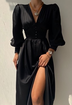 Alicia Satin Button Down Dress in Black