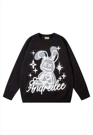 BUNNY SWEATER RABBIT PRINT KNITWEAR JUMPER GRUNGE TOP BLACK