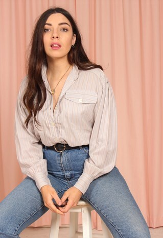 VINTAGE 80S ESCADA SILK BLOUSE IN STRIPE PRINT