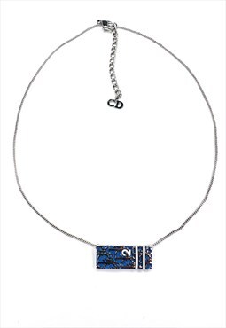 Christian Dior Necklace Blue Trotter Logo Tag Silver Vintage