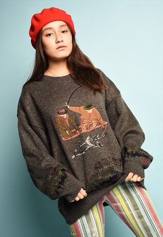 VINTAGE 80S RETRO EMBROIDERED KNIT OVERSIZED DADS JUMPER