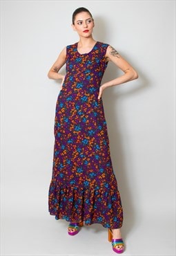 70's Vintage Sleeveless Purple Floral Prairie Maxi Dress