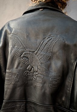 80s Vintage Black Leather aviator bomber jacket with eagle 