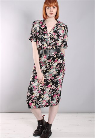 VINTAGE 80S FLORAL PATTERNED WRAP MIDI DRESS