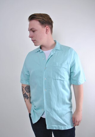80S MEN VINTAGE MINIMALIST GREEN SHORT SLEEVE HOLIDAY SHIRT