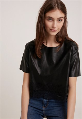 T-SHIRT - BLACK FAUX LEATHER & LACE