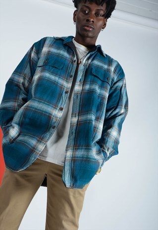 VINTAGE PADDED CHECKED WORKWEAR SHIRT IN BLUE.
