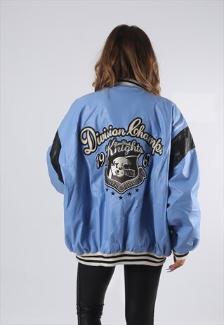 VINTAGE PVC FAUX LEATHER BOMBER JACKET VARSITY OVERSIZED D4I