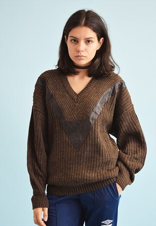 70'S RETRO FAUX LEATHER DETAILED KNIT WOOLEN JUMPER