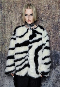 Faux fur stripe coat fluffy zebra jacket collarless bomber