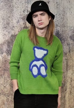 Teddy fleece knitwear sweater punk bear patch jumper green