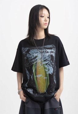 Corn print t-shirt retro food top skater tee in black