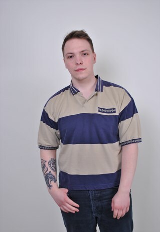 80S STRIPED POLO SHIRT, VINTAGE BOHO POCKET BLUE BEIGE POLO
