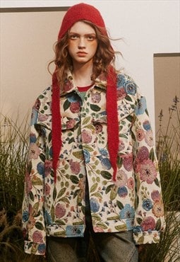 Floral denim jacket distress jean varsity flower print coat